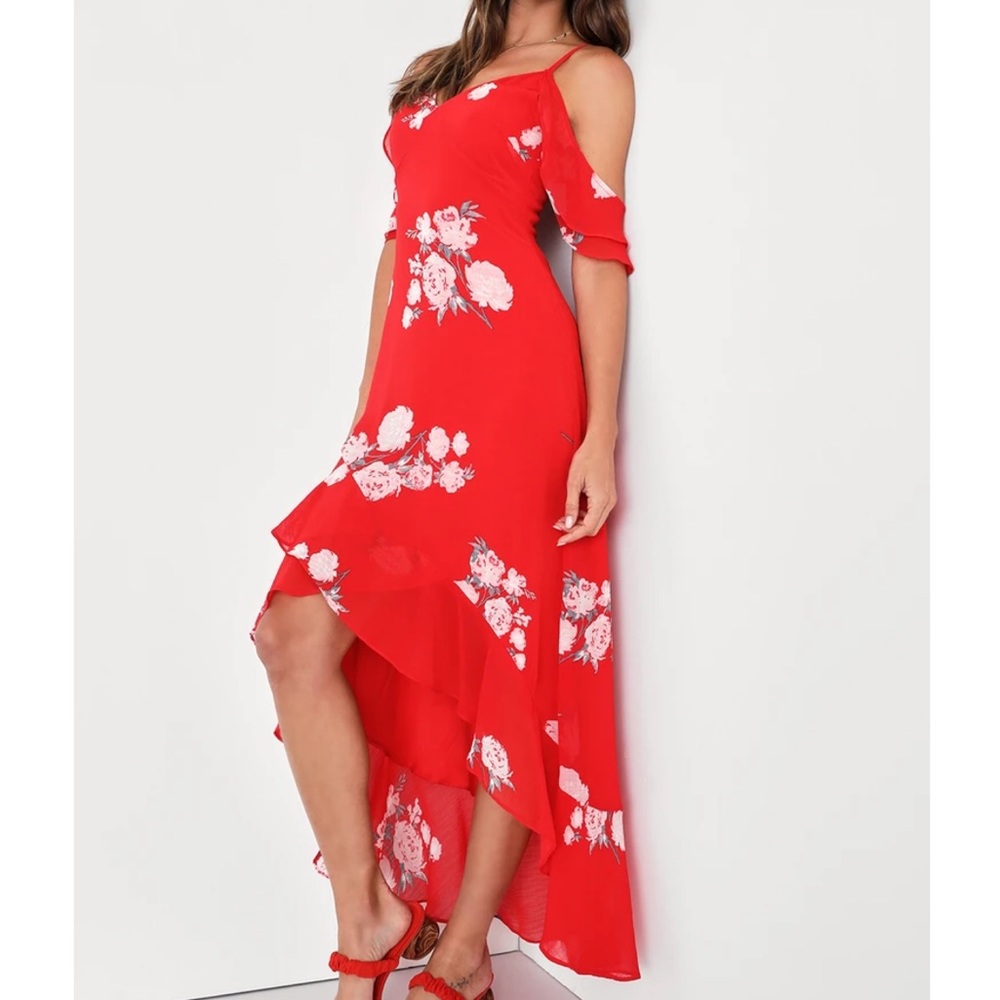 NWOT Lulus Love in Bloom Red Floral Print Off-the-Shoulder High-Low Dress Small